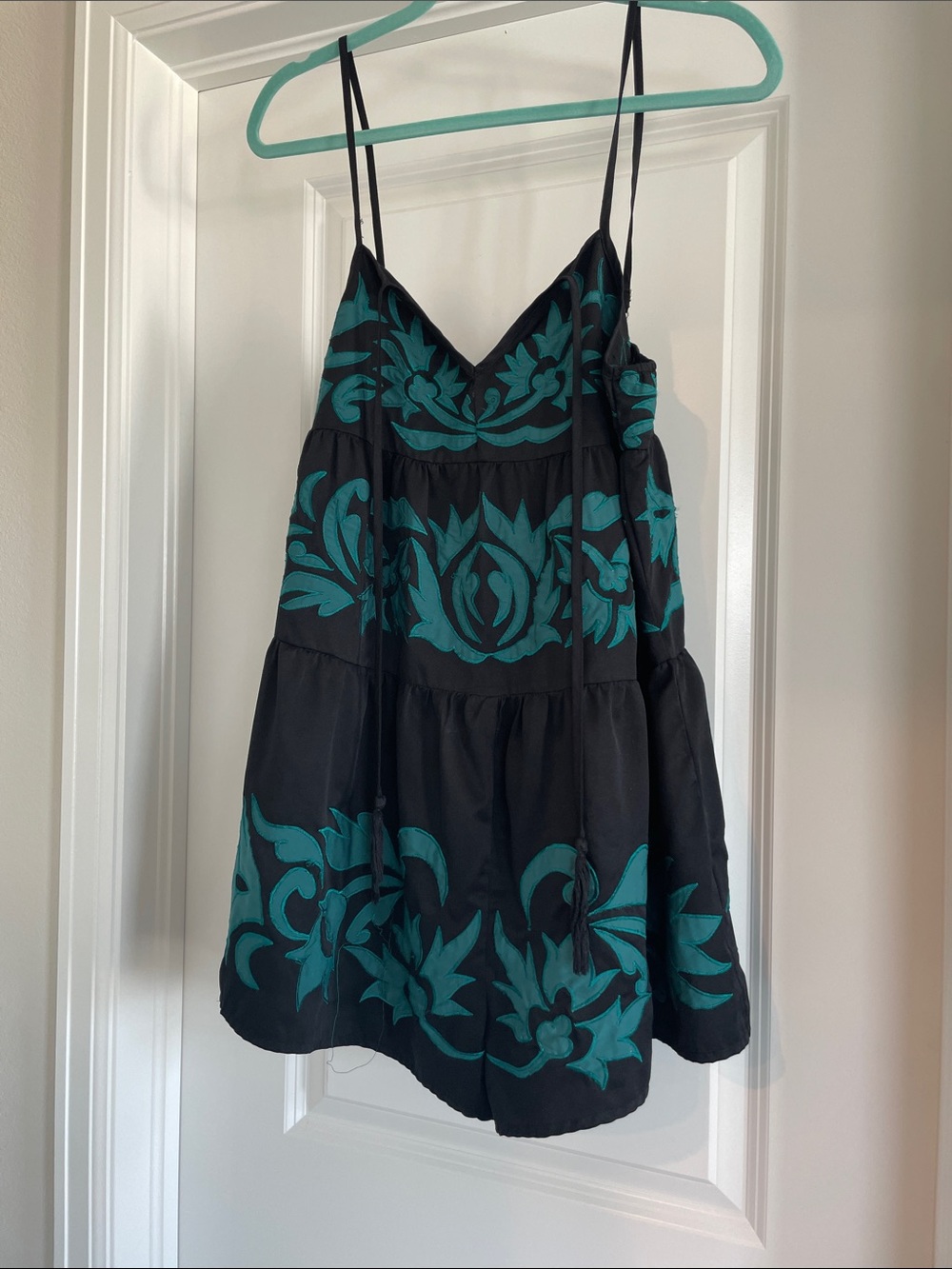 Free People Black Romper with Teal Floral Embroidery